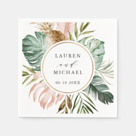 熱帯金ゴールド赤面パームパーソナライズされた結婚ズ スタンダードカクテルナプキン (正面)