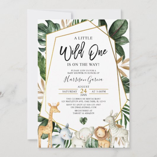 熱帯金ゴールド野生の一つのジャングル動物のベビーシャワー 招待状 (正面)