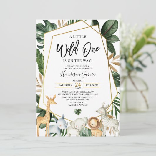 熱帯金ゴールド野生の一つのジャングル動物のベビーシャワー 招待状 (スタンド正面)