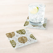 熱帯金ゴールド：モンステラ葉水色 ガラスコースター (アングル)