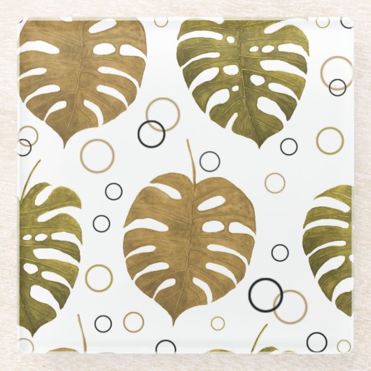 熱帯金ゴールド：モンステラ葉水色 ガラスコースター (正面)