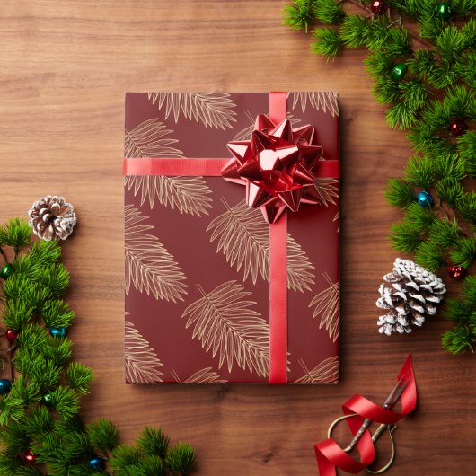熱帯金属金ゴールドパーム葉、ブルゴーニュ ラッピングペーパー (クリスマスギフト)