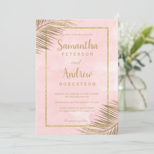 熱帯金色やし自由章の木のビーチの赤面のピンクの結婚式 招待状 (スタンド正面)