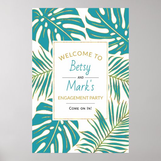 熱帯離れティール（緑がかった色）金ゴールド結婚の歓迎サイン ポスター (正面)
