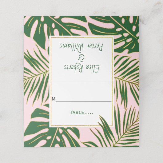 熱帯離れ緑のピンク結婚の折り曲げエスコート プレイスカード (外部開封)
