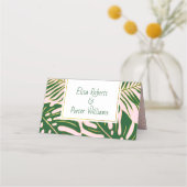 熱帯離れ緑のピンク結婚の折り曲げエスコート プレイスカード (裏面)