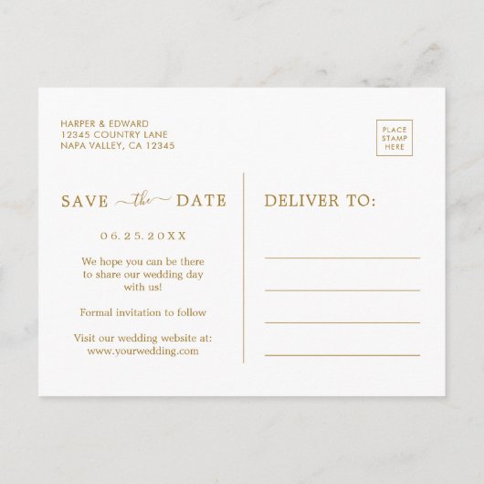 熱帯離れ金ゴールド結婚式の日付を保存 案内ポストカード (裏面)