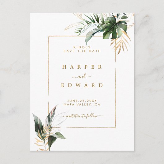 熱帯離れ金ゴールド結婚式の日付を保存 案内ポストカード (正面)