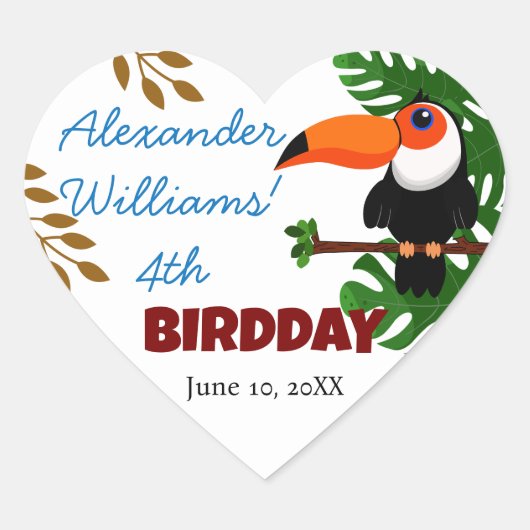 熱帯雨林かわいいトカン鳥キッズバースデーパーティー ハートシール (正面)