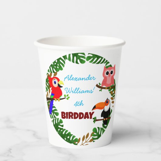 熱帯雨林かわいいフクロウオウムとうかん鳥誕生日 紙コップ (正面)