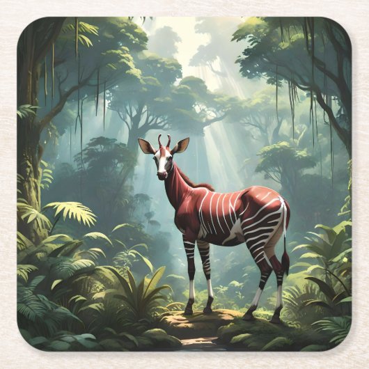 熱帯雨林のオカピ(Zebra Giraffe) スクエアペーパーコースター (正面)