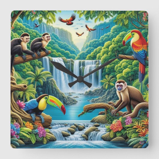 熱帯雨林の滝 スクエア壁時計 (正面)