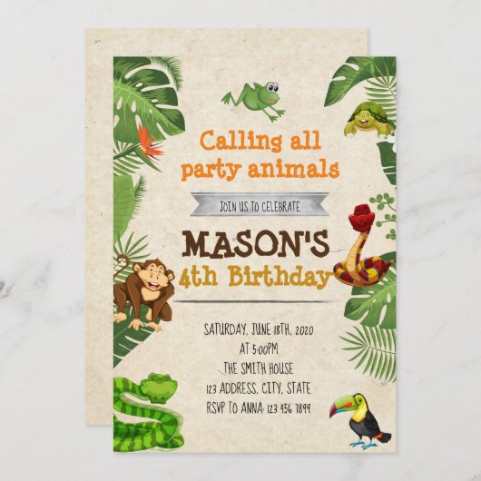 熱帯雨林の誕生日パーティーの招待 招待状 (正面/裏面)