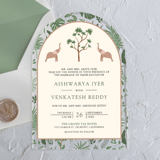 熱帯雨林の象のアーチ インドの結婚式 アクリル招待状