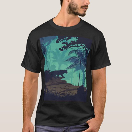 熱帯雨林、ジャガー夕べ背景。 Tシャツ (正面)