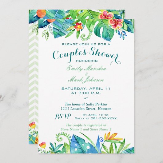 熱帯雨色のフローラカップルのシャワー 招待状 (正面/裏面)