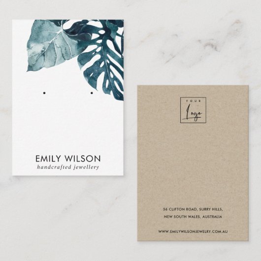 熱帯青色モステラ動物群スタッドイヤリングディスプレイ 名刺 (正面/裏面)