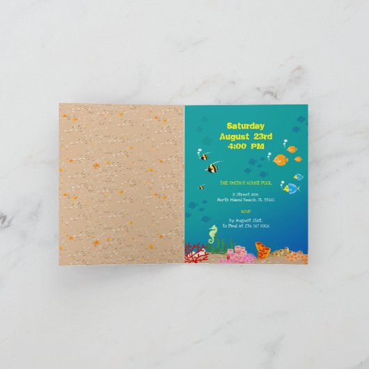 熱帯魚とシュノーケリングをする少年の誕生日パーティー 招待状 (内部)