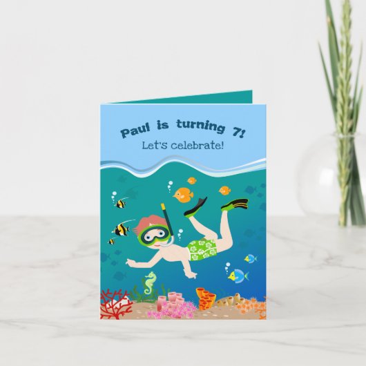 熱帯魚と一緒にシュノーケリングする少年の誕生日パーティー 招待状 (正面)