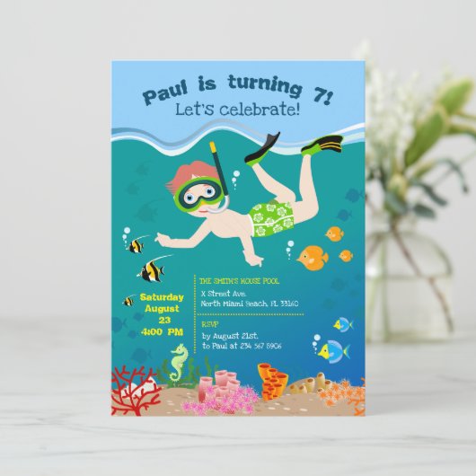 熱帯魚と一緒にシュノーケリングする少年の誕生日パーティ 招待状 (スタンド正面)