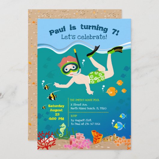 熱帯魚と一緒にシュノーケリングする少年の誕生日パーティ 招待状 (正面/裏面)