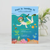 熱帯魚と一緒にシュノーケリングをする少年誕生日パーティー 招待状 (スタンド正面)