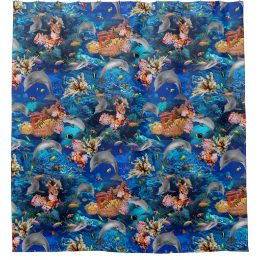 熱帯魚と一緒に海のイルカ シャワーカーテン (正面)