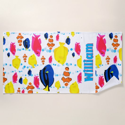 熱帯魚のパーソナライズな男の子のおもしろいの明るい色 ビーチタオル (正面)
