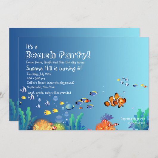 熱帯魚のビーチ誕生会の招待 招待状 (正面/裏面)