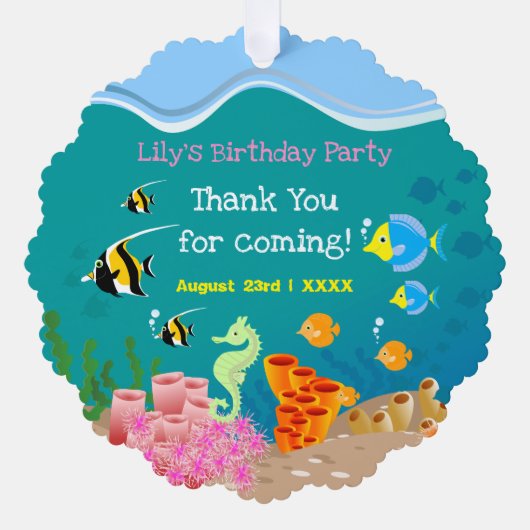 熱帯魚の女の子とシュノーケリング誕生日パーティー オーナメントカード (正面)