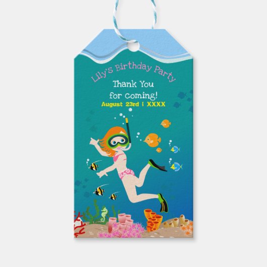 熱帯魚の女の子とシュノーケリング誕生日パーティー ギフトタグ (正面)