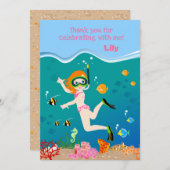 熱帯魚の女の子とシュノーケリング誕生日パーティー サンキューカード (正面/裏面)