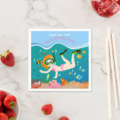 熱帯魚の女の子とシュノーケリング誕生日パーティー スタンダードカクテルナプキン (インサイチュ)