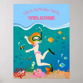 熱帯魚の女の子とシュノーケリング誕生日パーティー ポスター