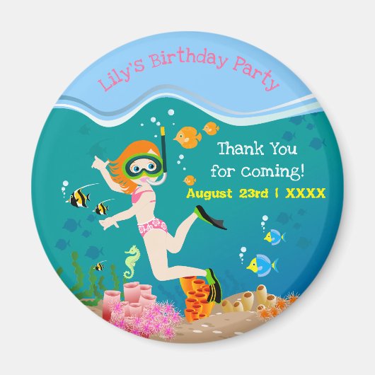 熱帯魚の女の子とシュノーケリング誕生日パーティー マグネット (正面)