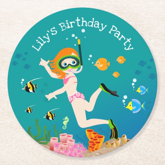 熱帯魚の女の子とシュノーケリング誕生日パーティー ラウンドペーパーコースター (正面)