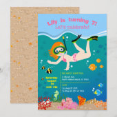 熱帯魚の女の子と一緒にシュノーケリングする誕生日パーティー 招待状 (正面/裏面)