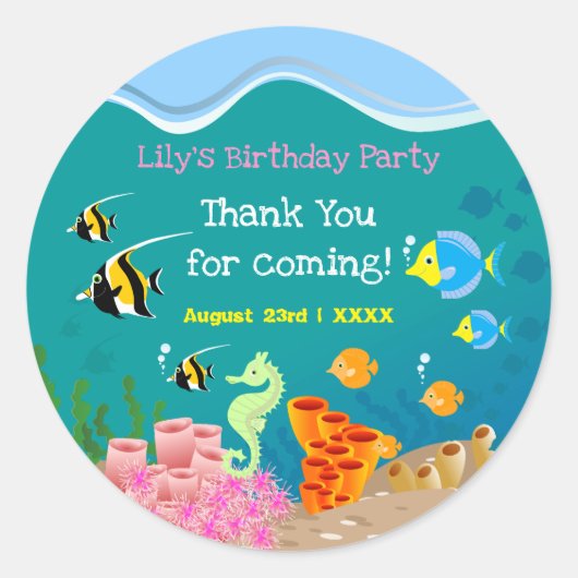 熱帯魚の女の子の誕生日パーティーでシュノーケリング ラウンドシール (正面)