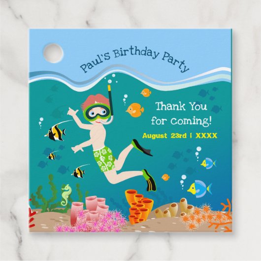 熱帯魚の男の子の誕生日パーティーでシュノーケリング フェイバータグ (正面)