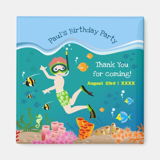 熱帯魚の男の子の誕生日パーティーでシュノーケリング マグネット (正面)