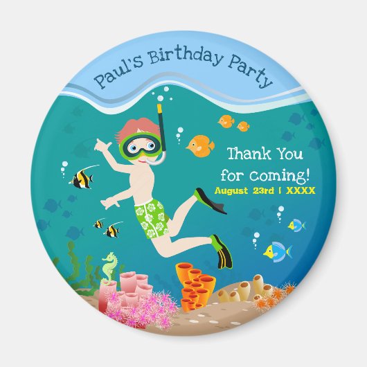 熱帯魚の男の子の誕生日パーティーでシュノーケリング マグネット (正面)