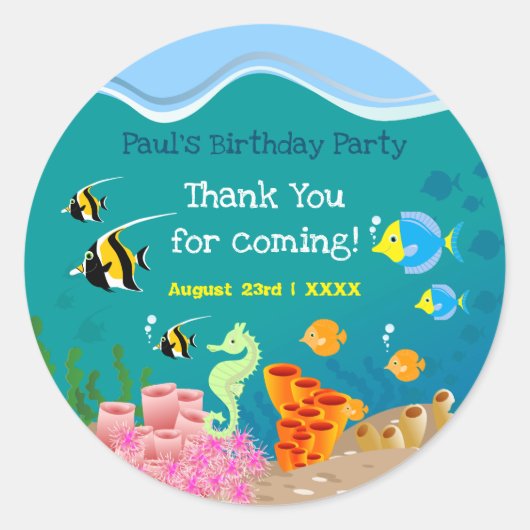 熱帯魚の男の子の誕生日パーティーでシュノーケリング ラウンドシール (正面)