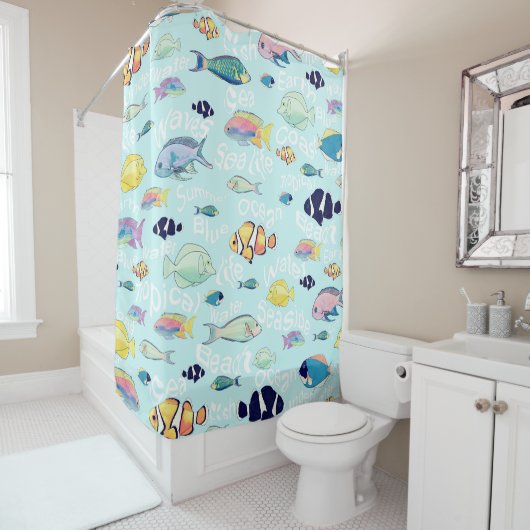 熱帯魚カラフルの海の生活と言葉デザイン シャワーカーテン (インサイチュ)