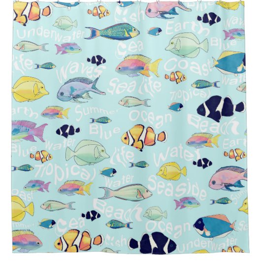 熱帯魚カラフルの海の生活と言葉デザイン シャワーカーテン (正面)