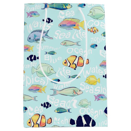 熱帯魚カラフルの海の生活と言葉デザイン ミディアムペーパーバッグ (正面)