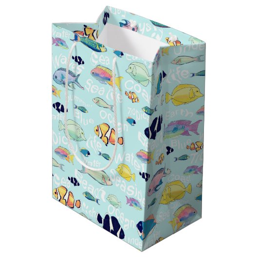 熱帯魚カラフルの海の生活と言葉デザイン ミディアムペーパーバッグ (裏面アングル)