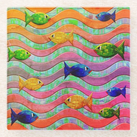 熱帯魚カラフルスイミングガラスのコースター ガラスコースター (正面)