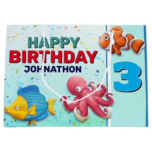 熱帯魚カラフル子供の誕生日 ラージペーパーバッグ (正面)