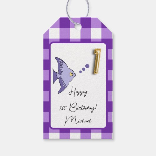 熱帯魚パープルギンガムハッピー一次誕生日 ギフトタグ (正面)
