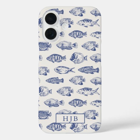 熱帯魚ブルースケッチモノグラムiPhone 16ケース Case-Mate iPhoneケース (裏面)